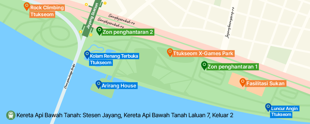 Ttukseom Artificial Rock-Climbing Wall
Ttukseom Delivery Zone 2
Jayang Station
Gangbyeonbuk-ro
Ttukseom Outdoor Swimming Pools
Ttukseom X-Games Zone 2
Ttukseom Delivery Zone 1
Arirang House
Sports Facilities
Ttukseom Windsurfing Area
Cheongdamdaegyo Bridge
Nearby Subway: Subway Line 7, Jayang Station, Exit 2